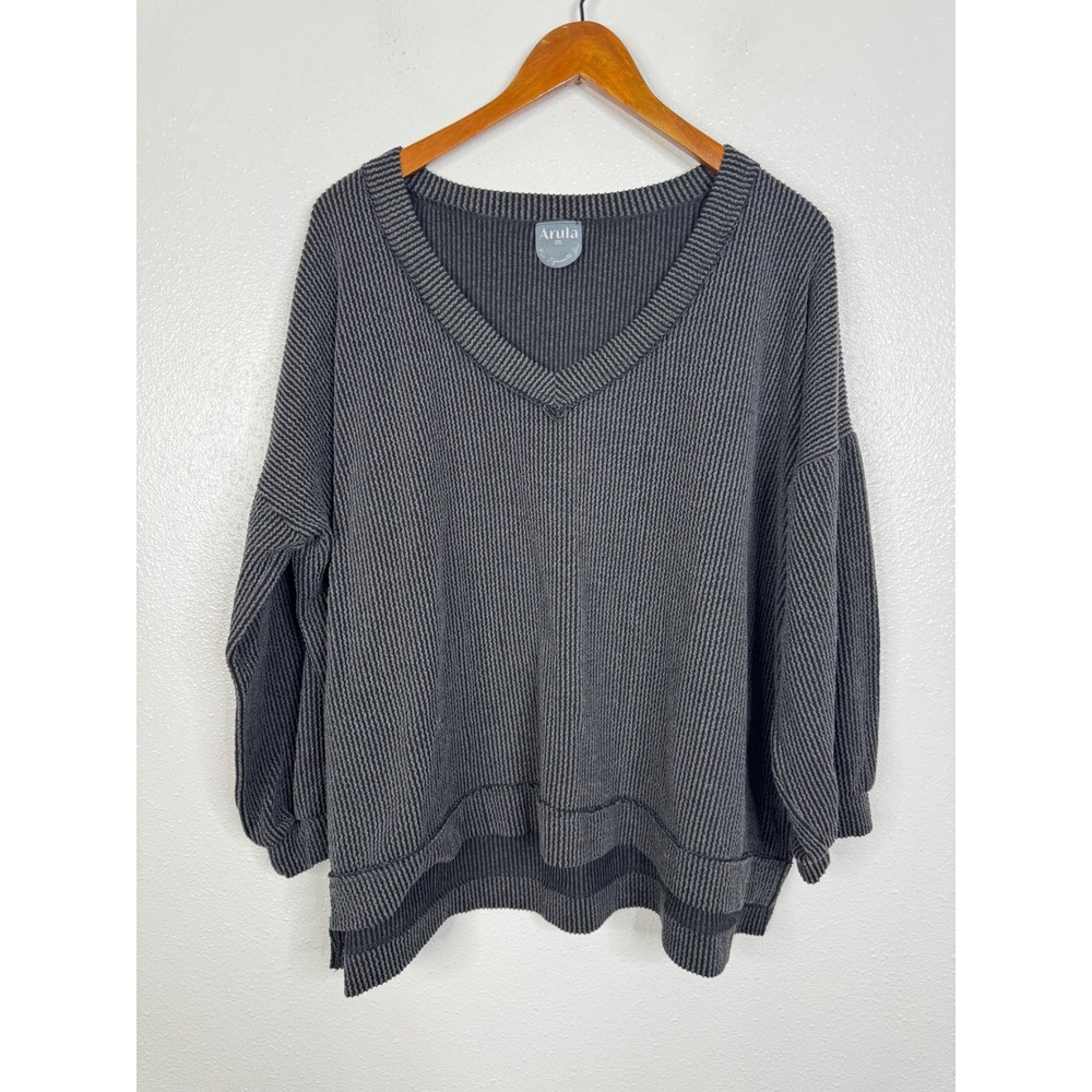 Arula Womens OX Charcoal Gray Striped Ribbed Knit‎ V-Neck Oversized Sweater Top